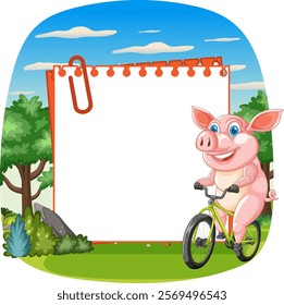 Happy pig cycling through a scenic landscape