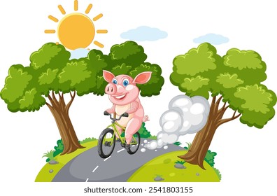 Happy pig cycling through a vibrant forest path