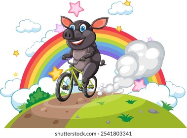 Happy pig cycling under a colorful rainbow