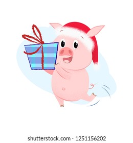 Happy pig dancing with giftbox. Animal, horoscope, present. Can be used for topics like calendar, New Year, holiday