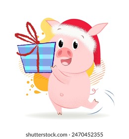 Happy pig dancing with giftbox. Animal, horoscope, present. Can be used for topics like calendar, New Year, holiday