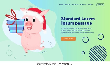 Happy pig dancing with giftbox. Animal, horoscope, present. New Year, holiday concept can be used for banner, landing page, website design