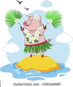 Happy pig dancing on the beach in the Bahamas in love with flowers animal cartoon vector illustration for kids
