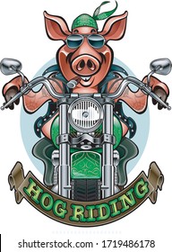 happy pig driving a motorcycle 