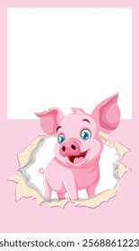 Happy pig emerging from torn paper background