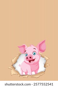 Happy pig emerging from torn paper background