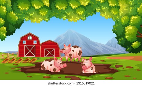 Happy pig in the farm illustration
