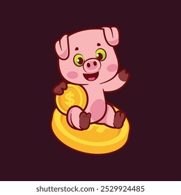 Happy pig finance sitting on coin and holding golden coin