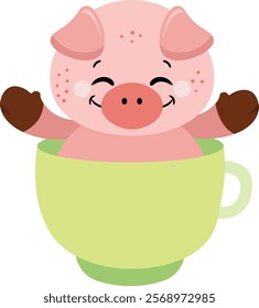 Happy pig inside a cup