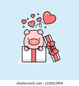 Happy pig inside the open gift box with fly hearts. Vector illustration