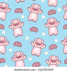 Happy pig. Kawaii seamless pattern on blue background.