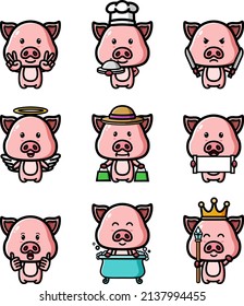 The happy pig of the mascot bundle set of illustration