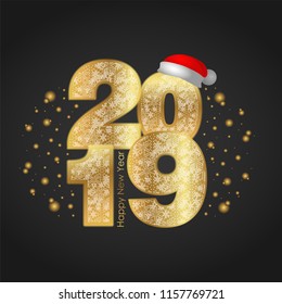 Happy Pig New Year 2019 and Merry Christmas greeting card. Numbers with red santa hat and gold Snowflakes pattern on black background