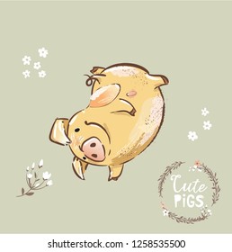 Happy Pig New Year Symbol Dancing. Funny New year Sign for Invitation Banner . Christmas Golden Character Poster Flat Cartoon Vector Illustration.