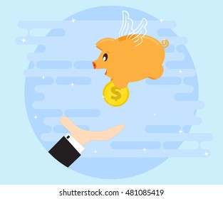 Happy pig piggy bank brings the gold coin as a good angel. Businessman's hand catches the coins. Investments give a profit, wealth. The love of money. Flat style