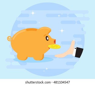 Happy pig piggy bank brings the gold coin. Businessman's hand catches the coins. Investments give a profit, wealth. The love of money. Flat style