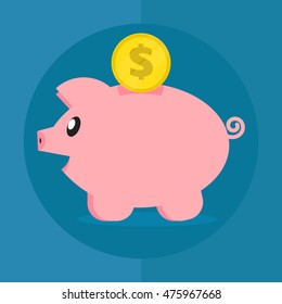 Happy pig piggy bank and coin. Flat style. Icon