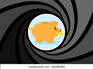 Happy Pig piggy bank with a coin at gunpoint. Risky investments. Losing money, savings. Financial crisis. Scammers want to rob, take the money. Flat style