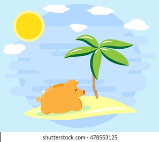 Happy pig piggy resting on the island, on the beach under a palm tree. The love of money. Successful investments and cash flows bring recreation, vacation. Flat style