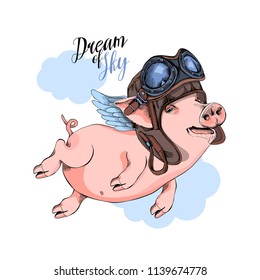 Happy Pig in a pilot's helmet flies on a wings on a sky background. Dream of sky - lettering quote. Comic card, poster, t-shirt composition, hand drawn style print. Vector illustration.