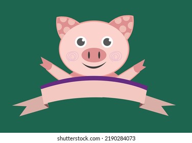 A happy pig with pink ribbon for text. Editable Clip Art.