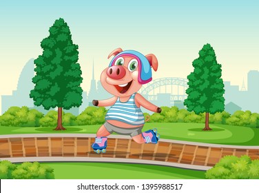 Happy pig playing roller skate at the park illustration