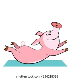 Happy pig practicing yoga pose.