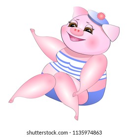 Happy pig. In a sailor suit and hat. Icon sticker. Mutfilm element. Vector illustration.