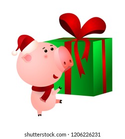 Happy pig in Santa hat carrying gift box vector illustration. Christmas present, party, holiday symbol. New Year concept. Vector illustration can be used for topics like holiday, celebration, winter