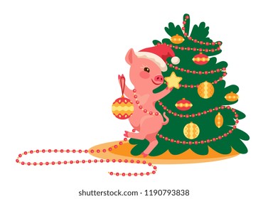 happy pig in Santa hat dancing and prancing around a Christmas tree. Cartoon vector illustration with copy space