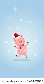 Happy pig in the Santa`s hat jumping under snowflakes on a blue background  