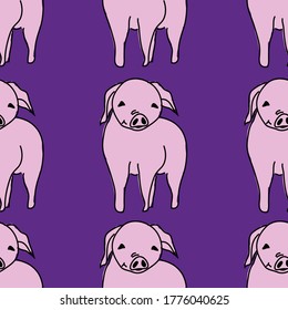 Happy Pig Seamless pattern with image repeated on purple background. Vector illustration. surface design