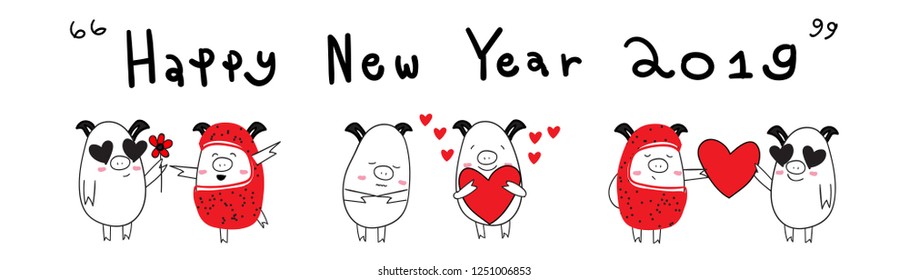 Happy pig set happy new year 2019 emotions love money party healthy lifestyle love cupid pig fulling in love in new year 2019