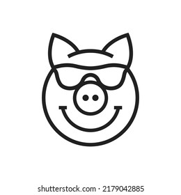 Happy Pig With Sunglasses, Cute Kawaii Avatar, Mascot Icon. Flat Vector Illustration Isolated On White Background.