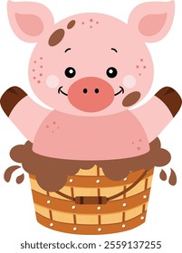 Happy pig in wooden tub with mud
