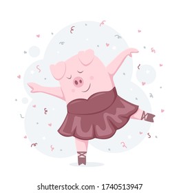 Happy piggy ballerina on background with stars, hearts and streamers. Happy pink pig in a tutu and pointe shoes. Cartoon illustration can be used for holiday card, children's clothing design, banners.