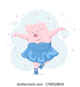 Happy piggy ballerina on background with stars and hearts. Happy pink pig in a tutu and pointe shoes. Cartoon illustration can be used for holiday card, children's clothing or things design, banners.
