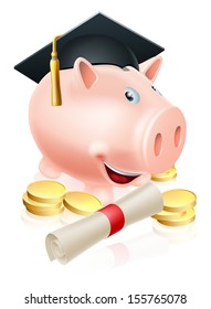 Happy piggy bank cartoon with graduation cap and diploma scroll with gold coins. Saving for a career or education.