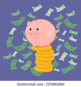 A happy piggy bank in the midst of a lot of money, illustrator vector cartoon drawing image painting