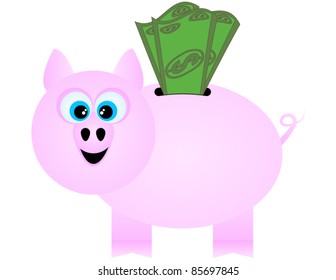 A Happy Piggy Bank Receiving Dollar Bills