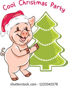 Happy piggy invites to the Christmas party. Vector