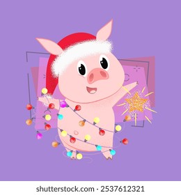 Happy piglet with string of lights celebrating Christmas. Holiday and decorating concept. Vector illustration can be used for festive posters, greeting cards, party invitations