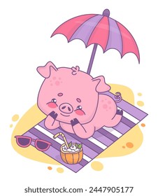 Happy piglet sunbathing resting on beach towel under sun umbrella with coconut summer cocktail. Funny relaxing animal character. Vector illustration