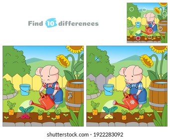 Happy piglet is watering vegetables from a watering can in his garden. Find 10 differences. Educational game for children. Cartoon vector illustration.