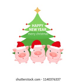 Happy Pigs  in the cap of Santa Claus for the greetings Merry Christmas and Happy New Year