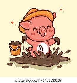Happy Pigs Getting Muddy Vector Cartoon Illustration 