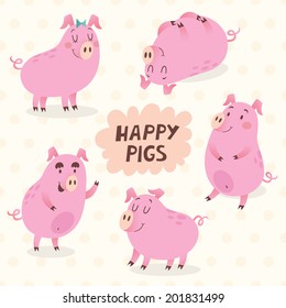 Happy pigs vector set. Vector illustration of 5 little pigs in cartoon style