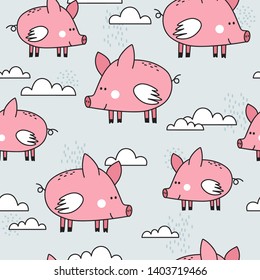 Happy pigs with wings, hand drawn backdrop. Colorful seamless pattern with animals, clouds. Decorative cute wallpaper, good for printing. Overlapping background vector. Design illustration