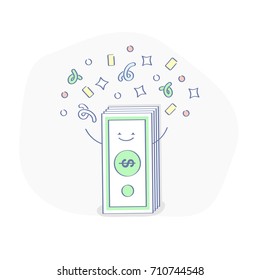 Happy Pile of Money with Confetti, Vector Concept of Business and Financial Success, Luck, Profit, Earnings, Income. UX / UI icon illustration for web and mobile design.