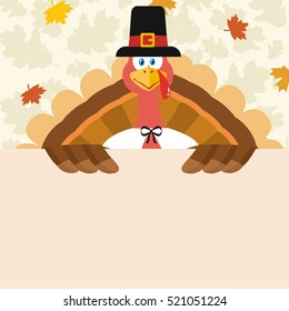 Happy Pilgrim Turkey Bird Cartoon Mascot Character Holding A Blank Sign. Vector Illustration Flat Design Over Background With Autumn Leaves